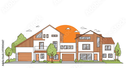 Illustration of modern houses with trees and a sun in the background.