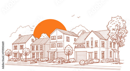 Illustration of a suburban street with houses and a large sun.