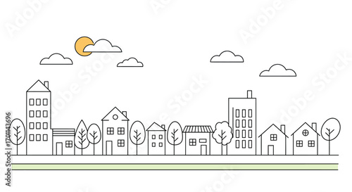 Line art illustration of a suburban street with houses, trees, and clouds.