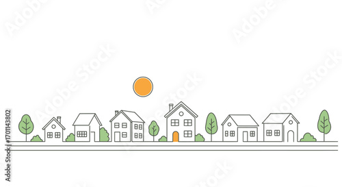 Illustration of a row of houses under a sun, in a neighborhood.