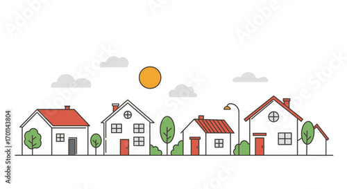 Line art illustration of houses, trees, sun, and clouds in a neighborhood.