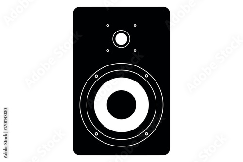Black and white graphic of a studio monitor speaker with white concentric circles audio sound