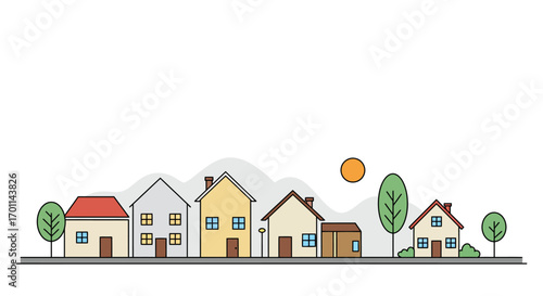 Illustration of a row of houses with trees and a sun in the background.