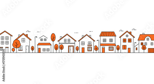 Line art illustration of a row of houses with orange accents on a white background.