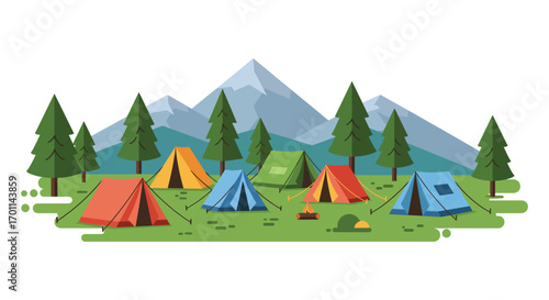 camping scene with colorful tents near pine trees and mountains