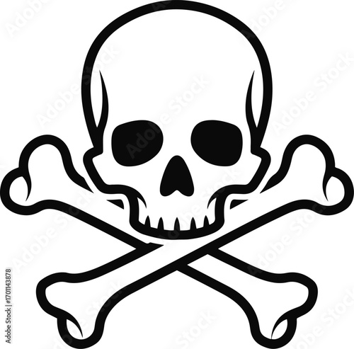 A minimalist, black and white vector illustration of a skull and crossbones. Perfect for warning signs, pirate themed designs, or any project needing a bold, symbolic graphic element. 