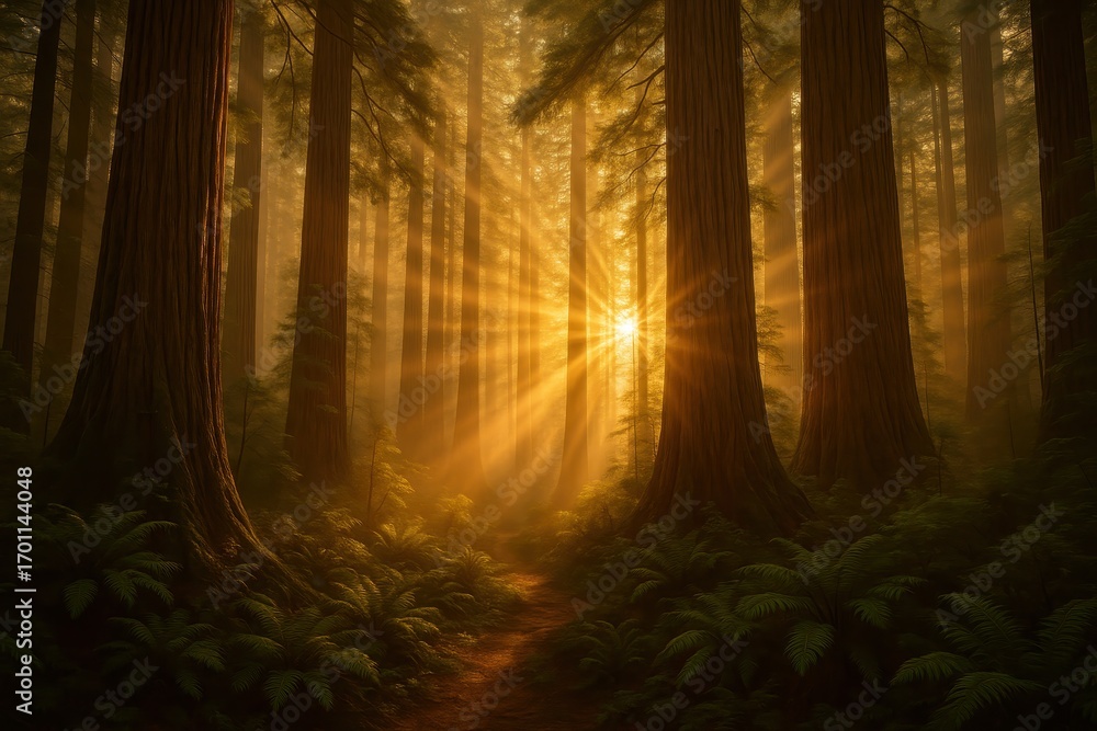Fototapeta premium Golden dawn breaking through ancient redwood forest with mystical morning atmosphere