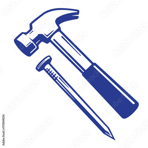 Simple blue hammer and nail illustration on white background for carpentry projects