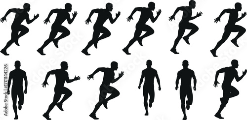 Silhouettes of male runner in dynamic sprinting poses, showcasing motion, athleticism, speed, fitness, power, energy, and human body movement vector illustration.