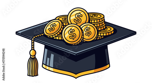 Graduation cap with stack of gold coins