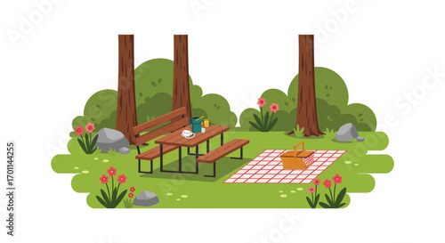 a serene park scene with picnic table blanket flowers trees