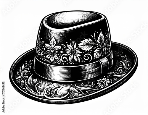 Illustration of Intricate Floral Adorned Hat with Detailed Engraving in Black and White