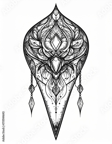 Intricate Ornamental Drop with Geometric Floral Details and Beadwork Dangles on White