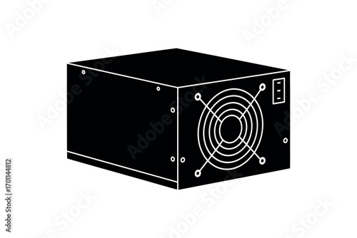 Black computer power supply unit with fan and switch on white background technology