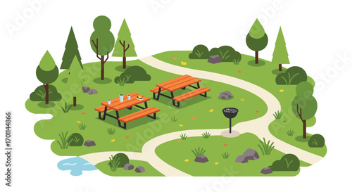 a park scene with benches trees paths and a small pond