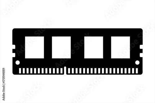 Black computer R A M module with four white squares on white background computer memory random access memory