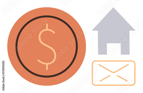Dollar sign in orange circle, simple house silhouette, and email envelope icon. Ideal for finance, banking, real estate, communication, budgeting mortgages savings. Modern flat metaphor