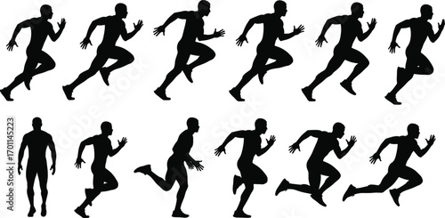 Silhouettes of male runner in various sprinting, jogging, and walking poses, depicting athletic movement, fitness, speed, energy, power, and dynamic action vector.