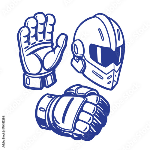 Vector illustration of a futuristic helmet and combat gloves isolated on white background