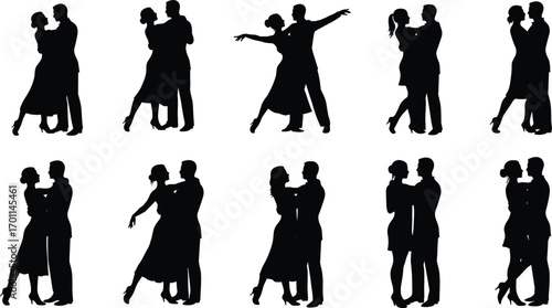 Silhouettes of romantic dancing couples in elegant poses, showcasing love, connection, movement, and grace in black vector style design.