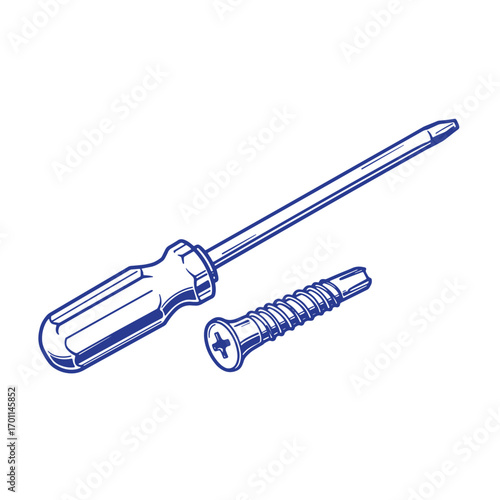 Vector illustration of phillips head screwdriver and screw isolated on a white background