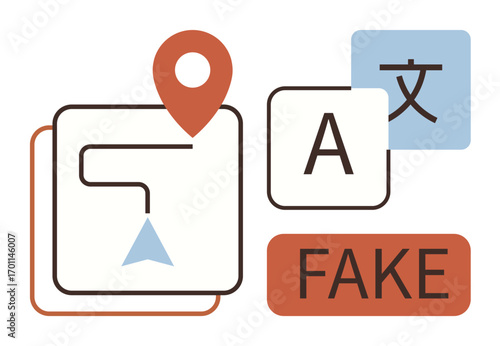 Map pointer, translation icon, and Fake text highlight the challenges of misinformation and navigation. Ideal for localization, fake news, communication, data accuracy, geography, literacy simple
