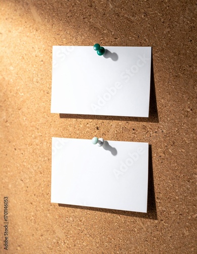 Two Blank White Rectangular Cards Pinned on a Brown Cork Board with Sunlight
