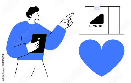 Person pointing at box labeled commerce, holding tablet, and heart symbol. Ideal for ecommerce, delivery, marketing, customer loyalty, technology, branding digital business simple landing page