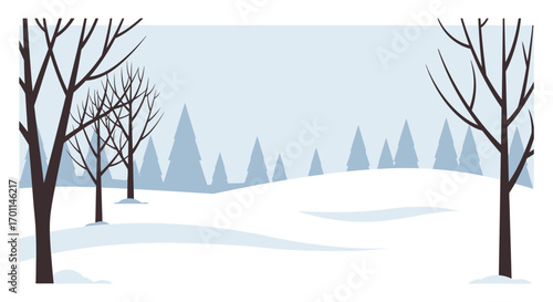 winter landscape with bare trees snow covered ground distant mountains