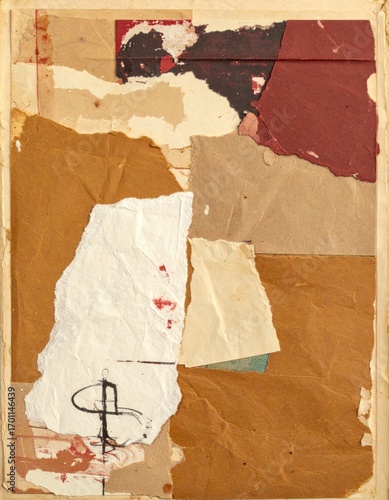 Abstract Paper Collage with Torn Edges Brown Beige White Red and Black Tones Art Texture