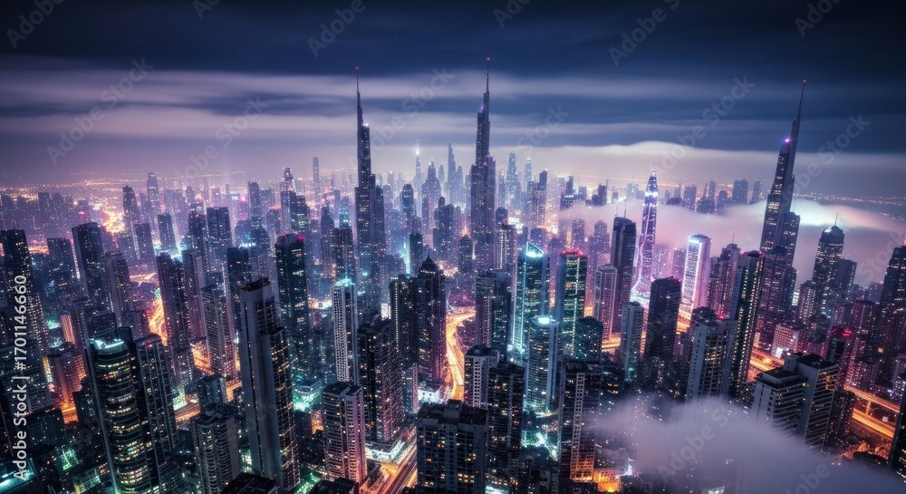 Fototapeta premium A sprawling metropolis at night, bathed in vibrant city lights, with skyscrapers piercing a misty sky