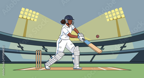 Illustrative Female Cricketer Striking Ball on Pitch Under Stadium Lights