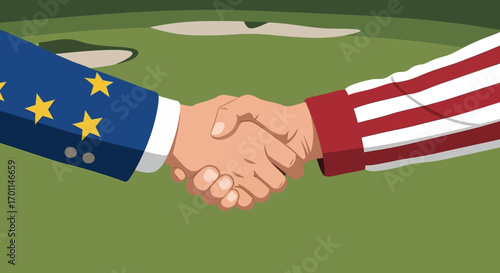 Diplomatic Handshake: EU and USA Sleeves on a Golf Course Background