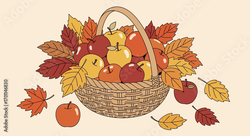 Delightful Autumn Harvest Basket Filled with Ripe Apples and Vibrant Fall Leaves.
