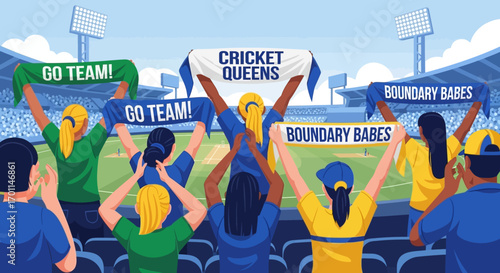 Vibrant Vector Art: Female Cricket Fans Cheering with Banners at Stadium