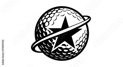 Dynamic monochrome golf ball logo with a central star and sweeping orbit