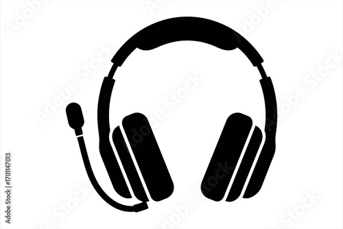 Black silhouette of gaming headphones with microphone on white background headset audio