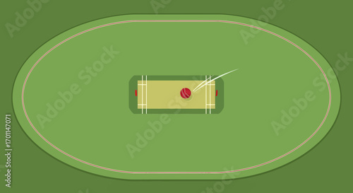 Top-down view of a cricket field with a red ball bouncing on the pitch flat design