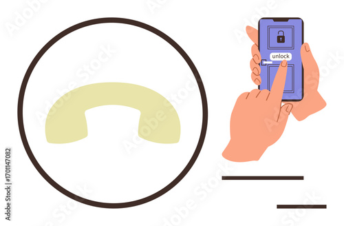 Hand unlocking smartphone with touch gesture, phone call icon nearby. Ideal for technology, communication, security, accessibility, innovation, user experience connection. Simple flat metaphor