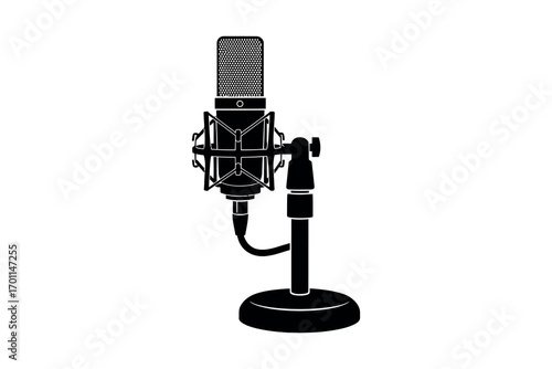 Black studio microphone on a stand with shock mount and cable condenser microphone recording