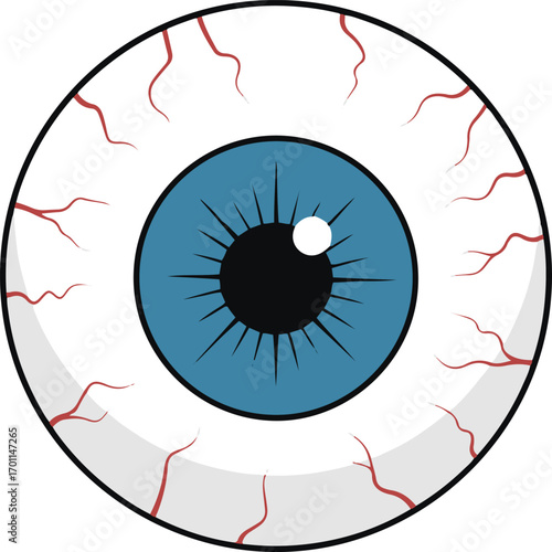 A detailed close-up of a pixel art eye. The eye is predominantly white with a vibrant blue iris and red blood vessels subtly depicted in a pixelated style. 