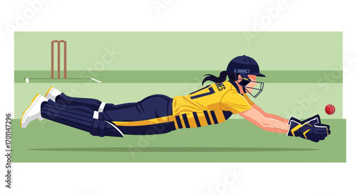 Dynamic Flat Illustration of Cricketer Diving to Catch Red Ball
