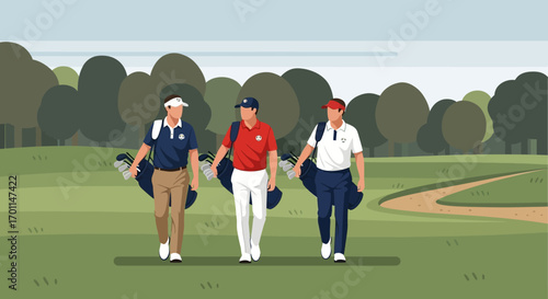 Clean flat design vector illustration of three male golfers walking on a green golf course.