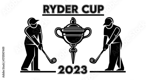Iconic Ryder Cup 2023 emblem: golfers with trophy bold monochrome design.