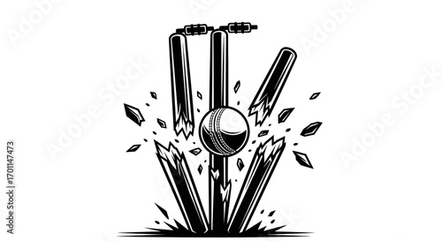 Intense Black & White Cricket Ball Smashing Wickets Debris Flying