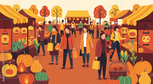 Warm Autumn Market Scene with Shoppers Browsing Pumpkins and Fall Decor