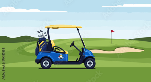 Golf Cart on a Scenic Course: Blue and Yellow Vehicle