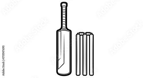 Classic Cricket Bat and Stumps with Bails Outline Vector Graphic