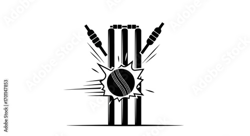 Dynamic black silhouette of cricket ball smashing into stumps bails flying conveying impactful wicket