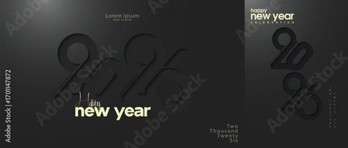 Set of Happy New Year 2026 number designs. With cut out 2D numbers illustration. With dark labels and dark background. Towards a happier year. 2026.